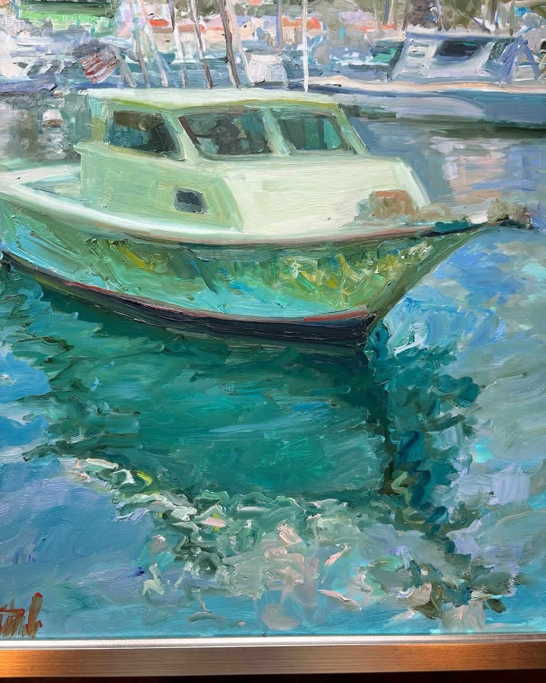 Loose, textured oil painting of a moored boat reflected in turquoise harbor water