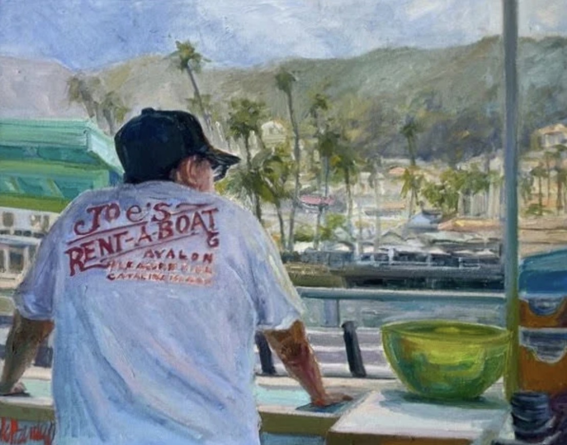 Painting of a figure in a Joe’s Rent-A-Boat shirt looking out over the Avalon waterfront