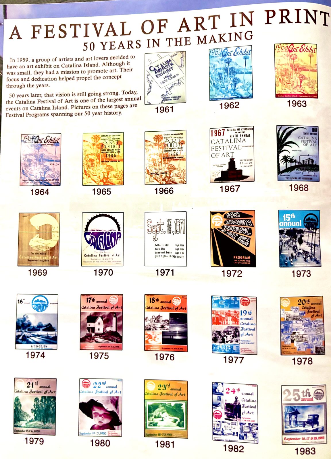 Magazine page titled A Festival of Art in Print: 50 Years in the Making, showing festival program covers from 1961 to 1983