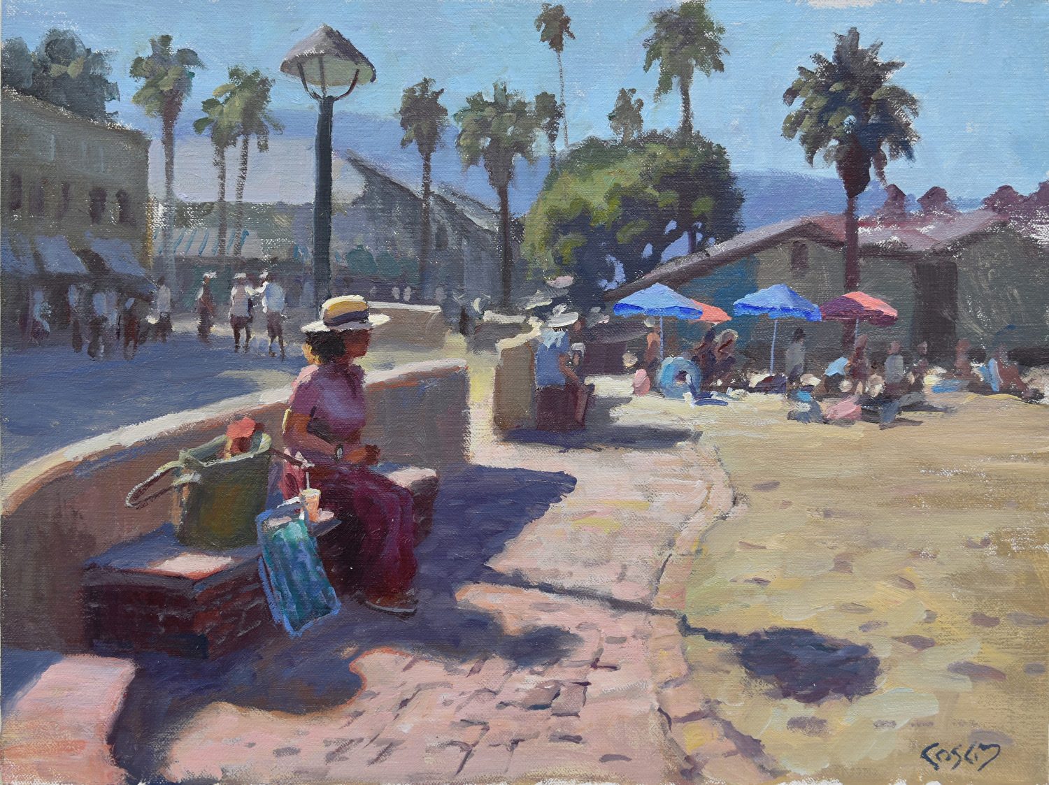 Plein air painting of a woman in a straw hat seated on a sunlit wall near beach umbrellas and palms in Avalon